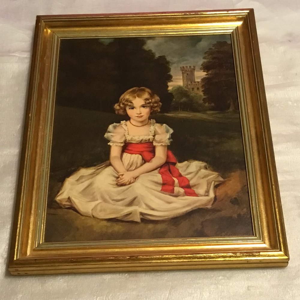 Vintage & gorgeous gold-framed picture of little girl in front of castle